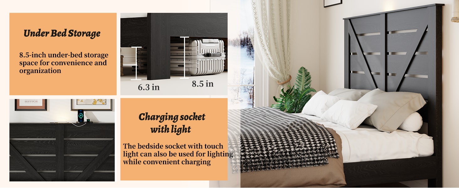 Queen Bed Frame Headboard , Wood Platform Bed Frame , Noise Free,No Box Spring Needed And Easy Assembly Tool,Large Under Bed Storage, Black_voghion.com